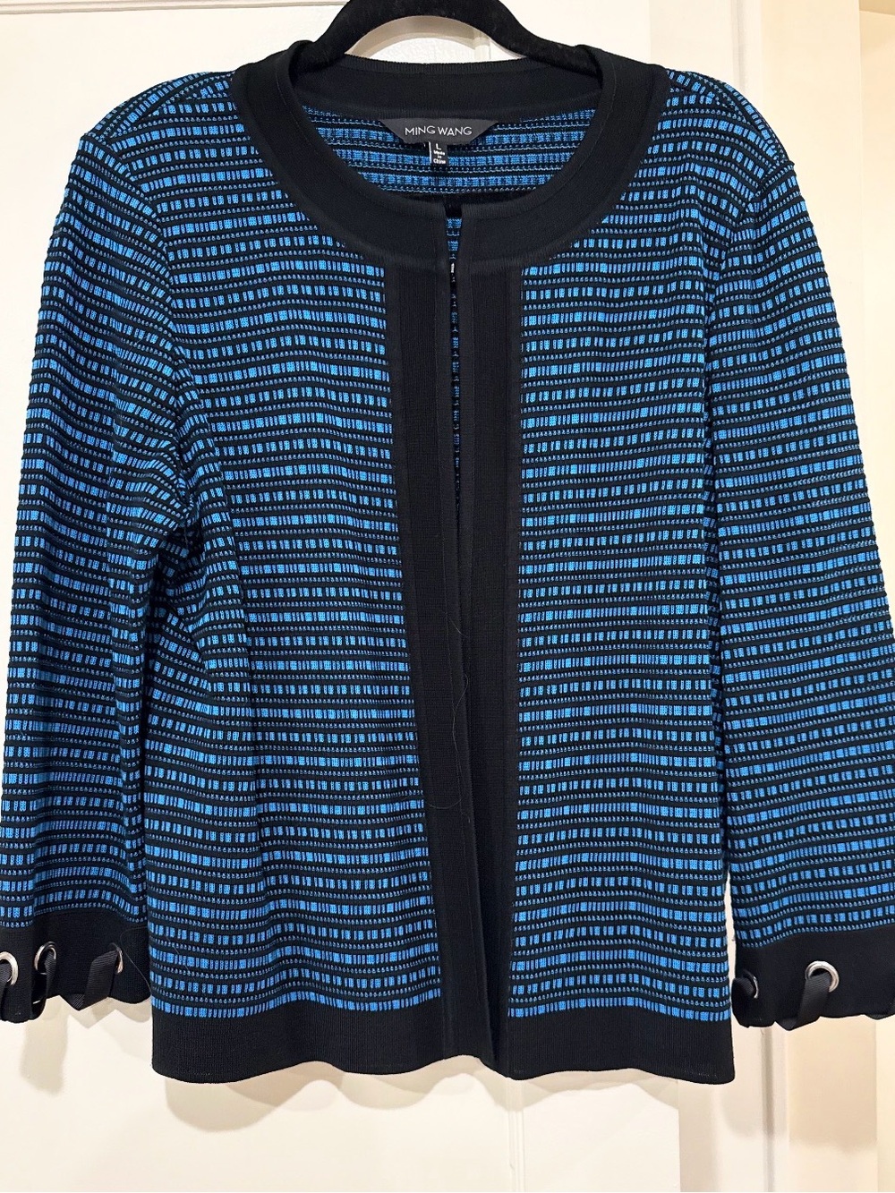 Ming Wang Blue and Black Textured Open-Front Knit Jacket